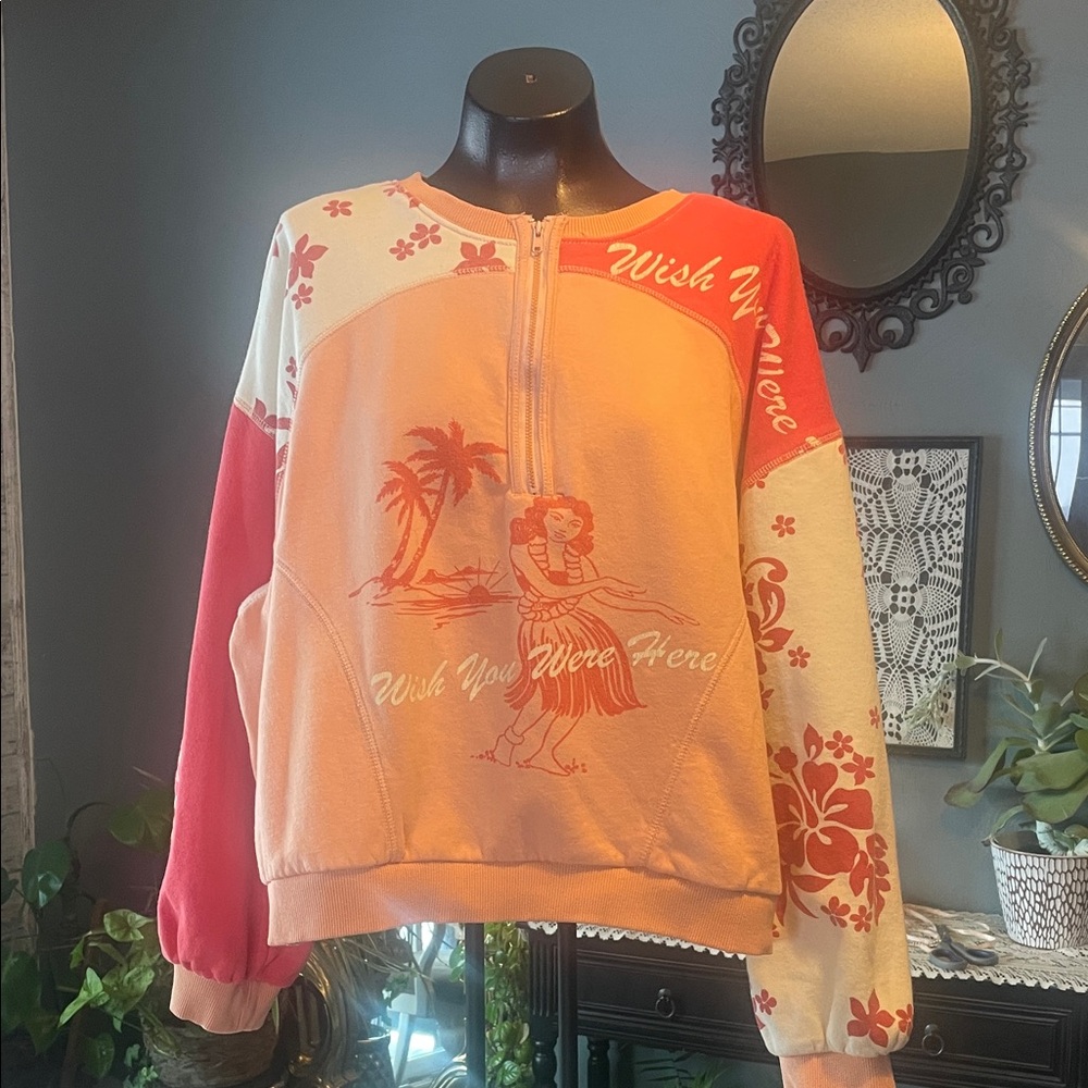 Urban Outfitters Coral and Cream Floral Sweater cropped